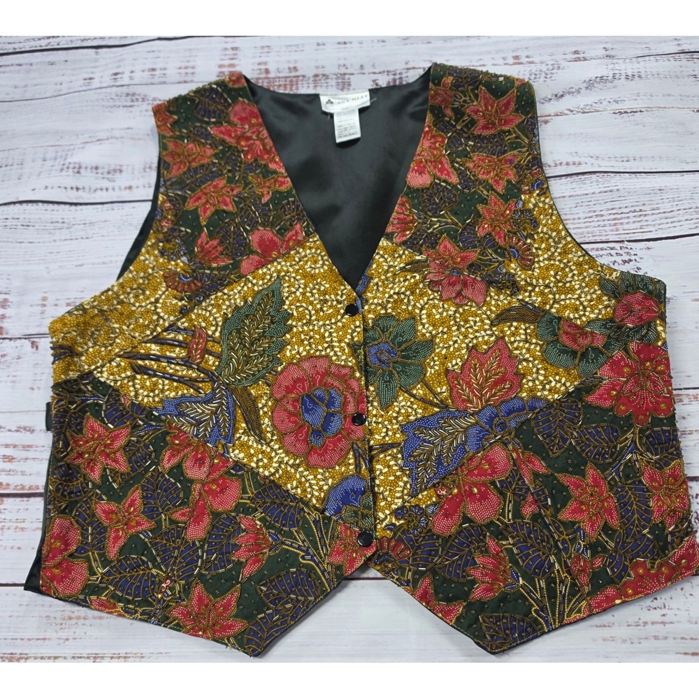 Ana Mori Vest Men One Size Multicolor Excellent Beaded Batik Floral Waistcoat